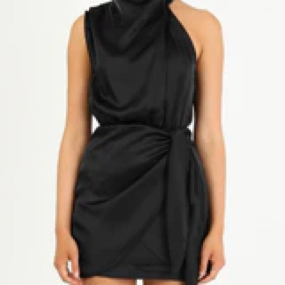COMMENSE | Satin Mock Ruched Short Dress | Black